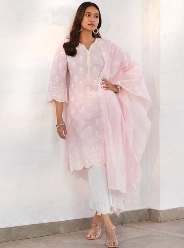 Mulmul Cotton Arpora Pink Kurta With Mulmul Cotton Arpora White Pant Supply