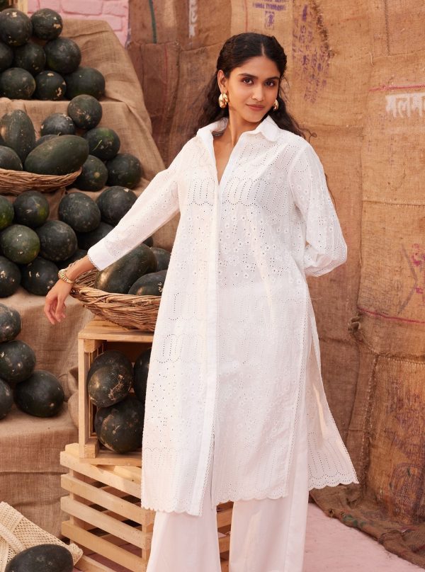 Mulmul Cotton Heli White Long Kurta With Mulmul Cotton Heli White Pant Sale