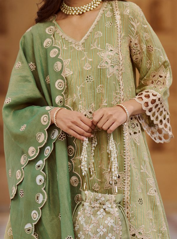 Mulmul Banarsi Magan Green Kurta with Mulmul Banarsi Magan Green Dhoti Pant Online Sale