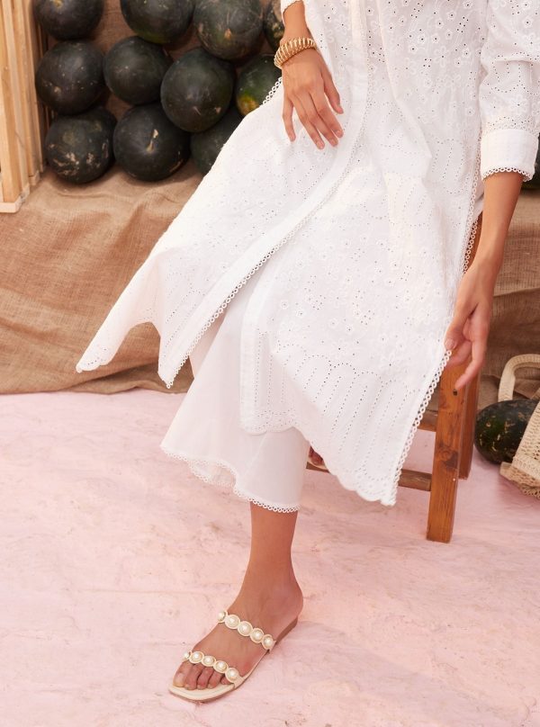 Mulmul Cotton Heli White Long Kurta With Mulmul Cotton Heli White Pant Sale