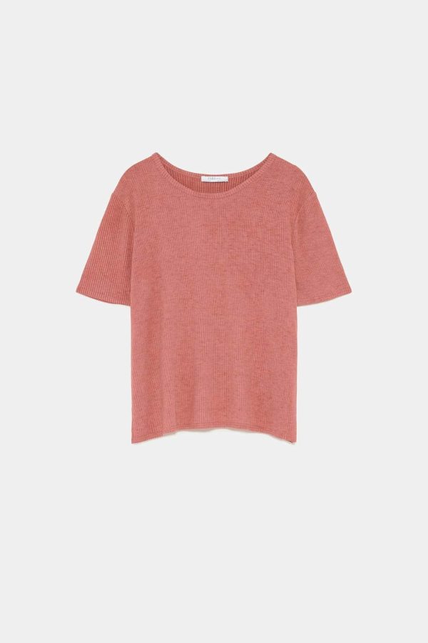 Zara Women s Ribbed T-Shirt (Light Coral, Small) Fashion