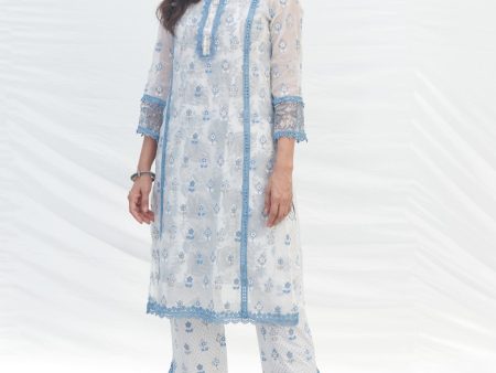 Mulmul Organza Terra Blue Kurta With Mulmul Cotton Terra Blue Pant Sale