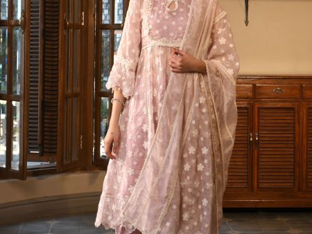 Mulmul Organza Souri Dusty Pink Anarkali Kurta With Mulmul Cotton Souri Dusty Pink Pant For Cheap