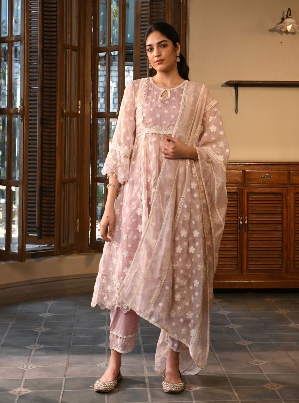 Mulmul Organza Souri Dusty Pink Anarkali Kurta With Mulmul Cotton Souri Dusty Pink Pant For Cheap