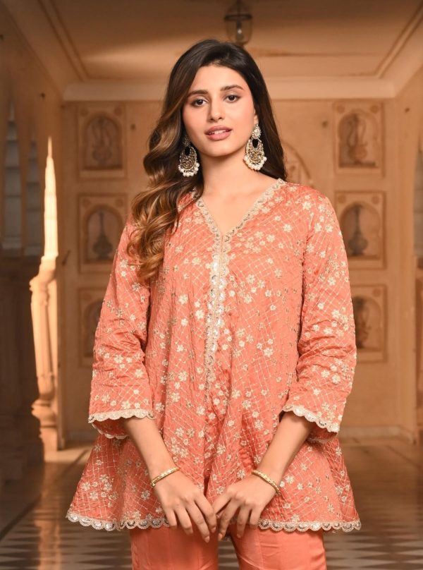 Mulmul Organza Satin Afreen Burnt Orange Top with Mulmul Modal Satin Afreen Burnt Orange Sharara Online Hot Sale