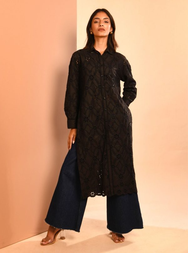 Mulmul Cotton Trix Black Long Shirt on Sale