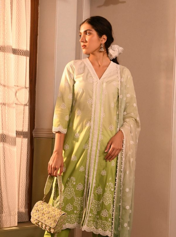 Mulmul Cotton Brie Green Kurta With Mulmul Cotton Brie Green Pant For Discount