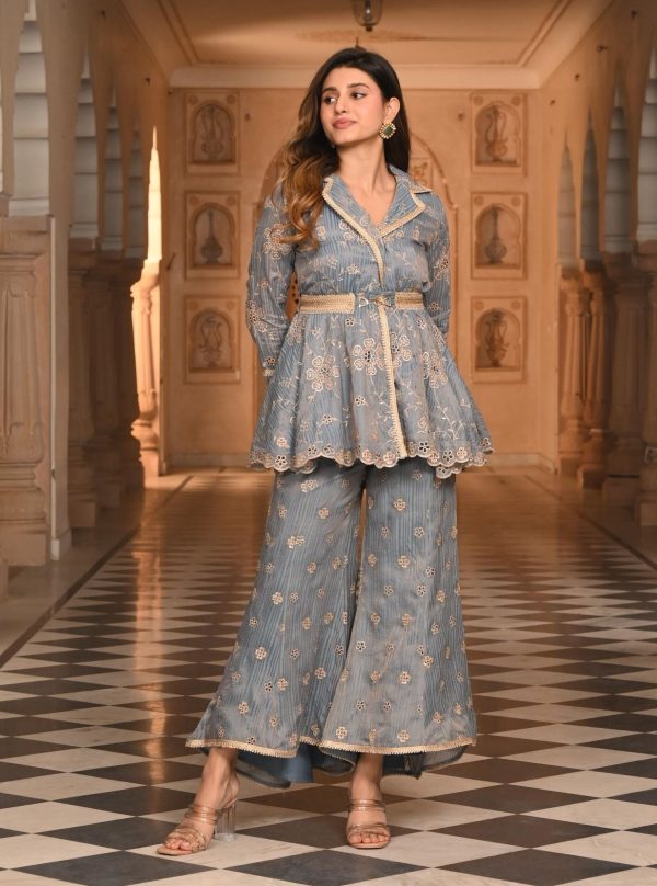 Mulmul Banarsi Chashni Blue Top with Mulmul Banarsi Chashni Blue Pant Fashion