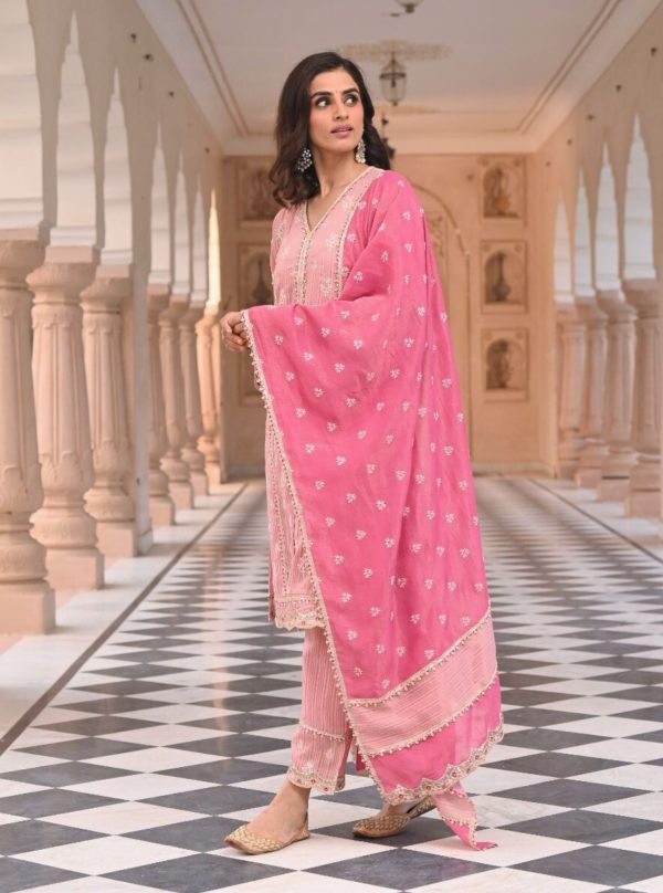 Mulmul Banarsi Gerua Pink Kurta with Mulmul Banarsi Gerua Pink Pant Sale