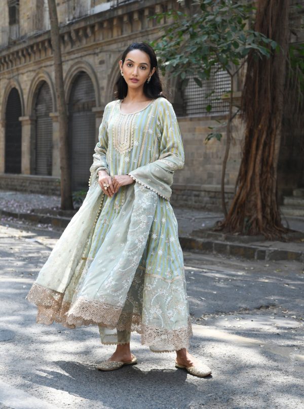 Mulmul Banarsi Kesar Light Blue Anarkali Kurta With Mulmul Banarsi Kesar Light Blue Pant For Cheap