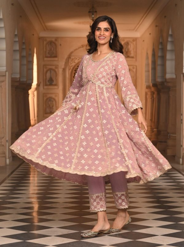 Mulmul Banarsi Bhumbro Lilac Anarkali Kurta with Mulmul Pima Satin Bhumbro Lilac Pant Cheap