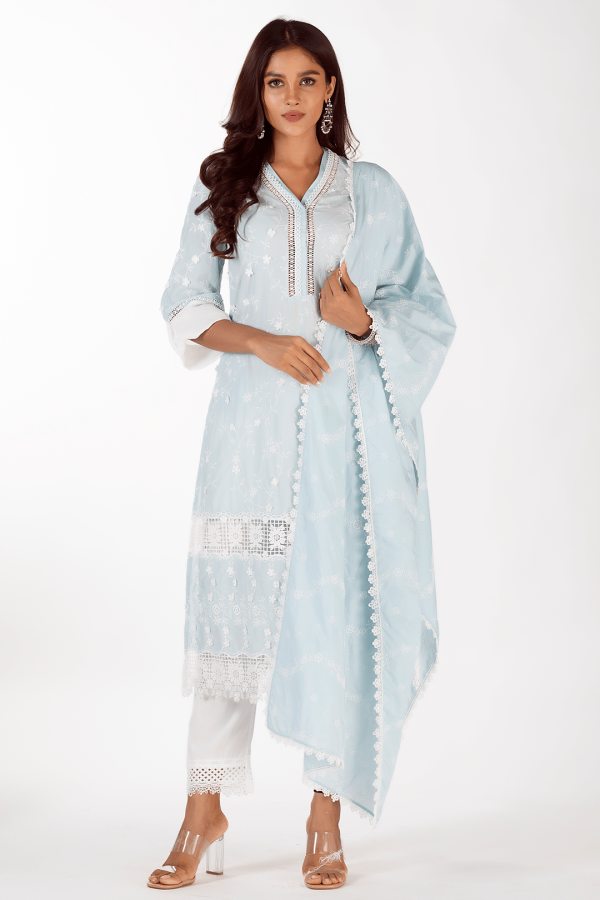 Mulmul Cotton Echo Light Blue Kurta For Cheap