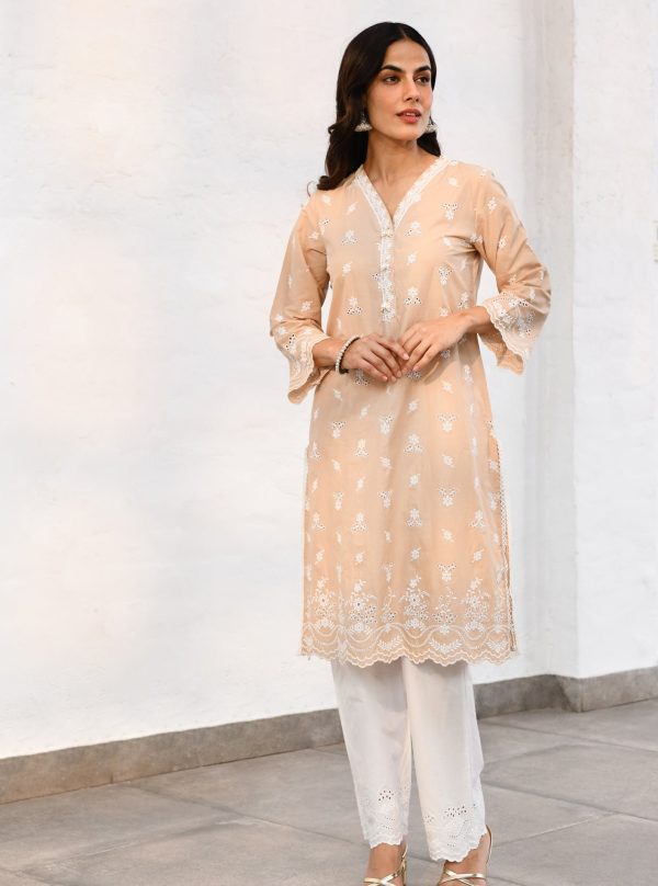 Mulmul Cotton Satari Beige kurta Online Hot Sale