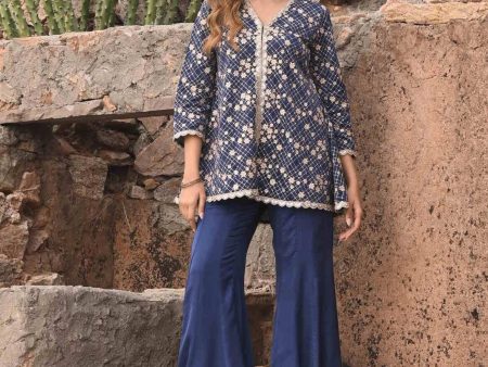 Mulmul Organza Satin Afreen Navy Top with Mulmul Modal Satin Afreen Navy Sharara on Sale