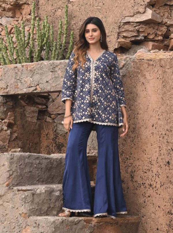 Mulmul Organza Satin Afreen Navy Top with Mulmul Modal Satin Afreen Navy Sharara on Sale