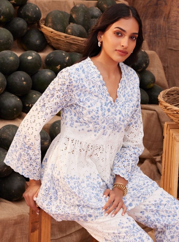 Mulmul Cotton Frida White Blue Print Top With Mulmul Cotton Frida White Blue Print Pant Hot on Sale