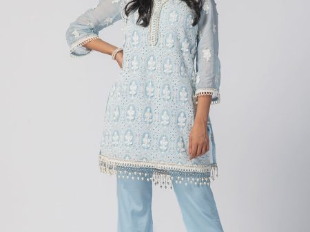 Mulmul Tencel Luxe Organza Savannah Kurta Blue With New Savannah Blue Pant Supply