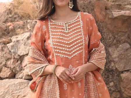 Mulmul Luxe Tissue Satin Lamhe Burnt Orange Kurta with Mulmul Luxe Tissue Lamhe Burnt Orange Skirt For Discount