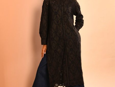 Mulmul Cotton Trix Black Long Shirt with Mulmul Cotton Trix Black Pant on Sale