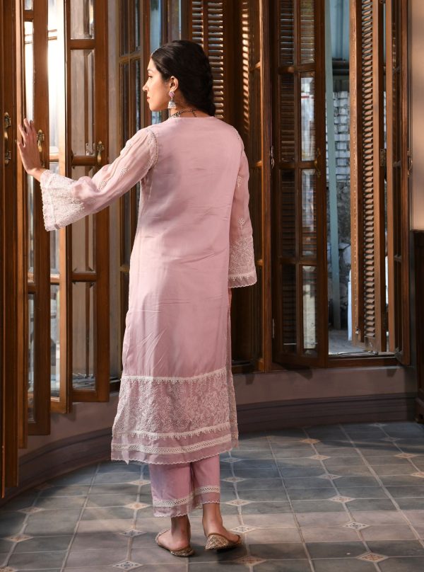 Mulmul Organza Parisa Dusty Pink Kurta With Mulmul Cotton Parisa Dusty Pink Pant For Discount