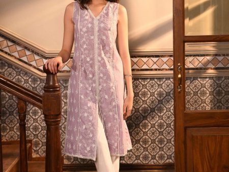 Mulmul Cotton Ensi Lilac Kurta Online now