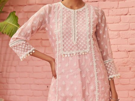 Mulmul Organza Raaga Pink Kurta With Mulmul Organza Raaga Pink Pant Online Sale