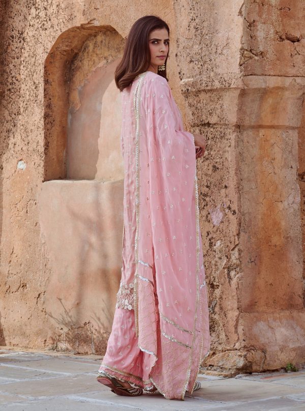 Mulmul Organza Satin Kundmayi Light Pink Kurta with Mulmul Modal Satin Kudmayi Light Pink pallazo For Sale