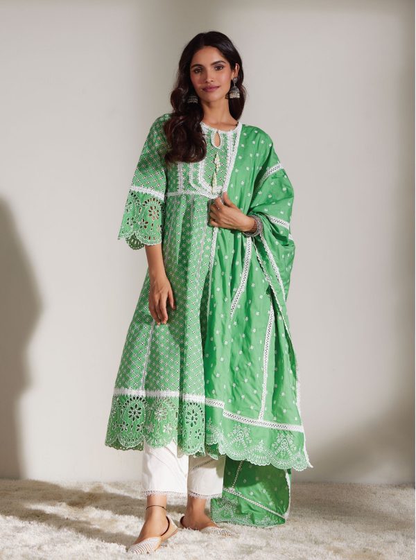 Mulmul Cotton Arris Green Anarkali  Kurta Online