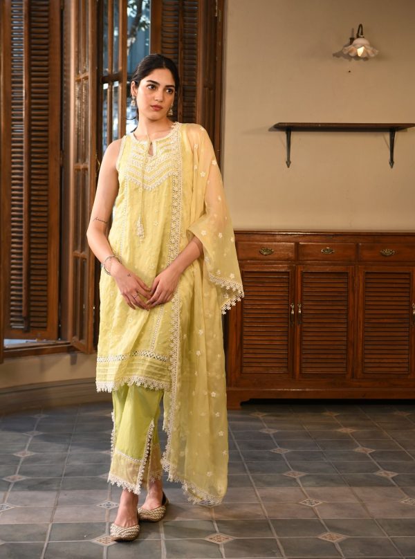 Mulmul Organza Simin Lime Kurta With Mulmul Cotton Simin Lime pant Discount