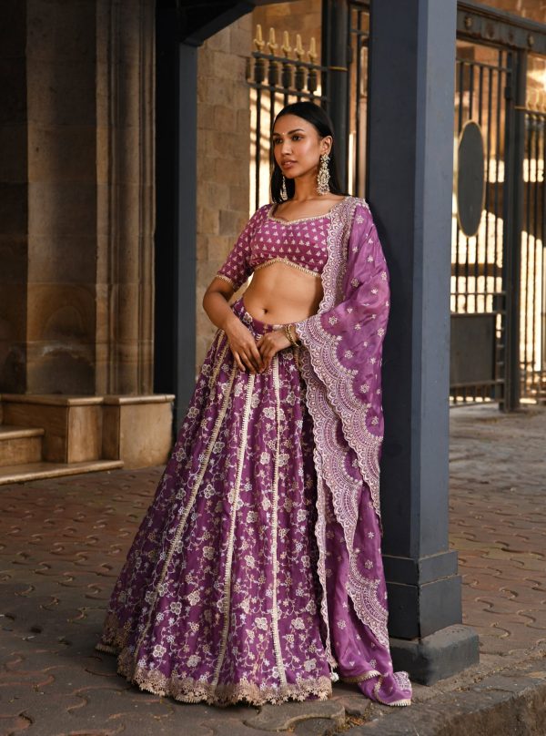 Mulmul Organza Bimli Lilac Lehenga With Mulmul Luxe Silk Bimli Lilac Dupatta Sale