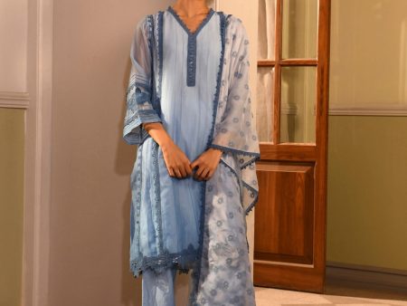 Mulmul Organza Vaya Blue Kurta With Mulmul Cotton Vaya Blue Pant For Sale