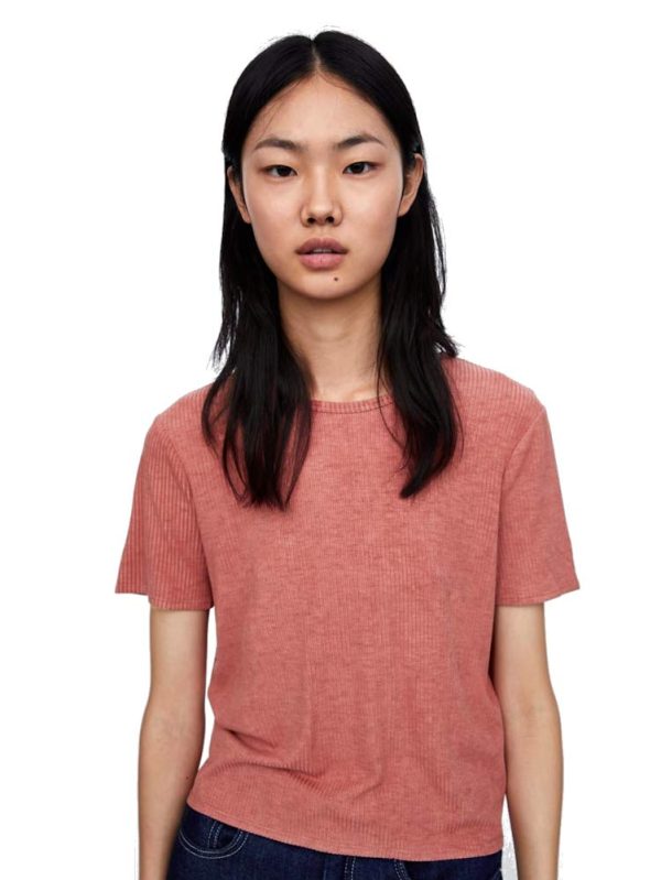 Zara Women s Ribbed T-Shirt (Light Coral, Small) Fashion