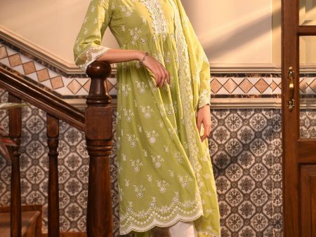 Mulmul Cotton Afarin Light Green Kurta With Mulmul Cotton Organza Scallop Border White Pant Online now