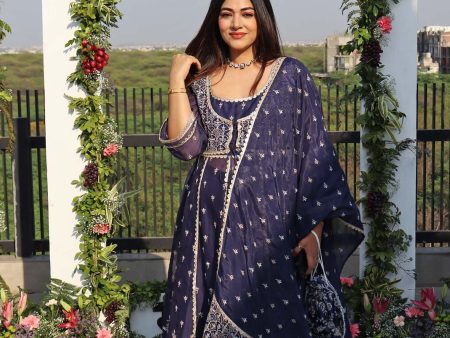 Mulmul Organza Sheri Navy Anarkali Kurta With Mulmul Organza Sheri Navy Sharara For Cheap