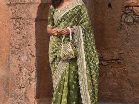 Mulmul Luxe Tissue Mehram Moss Green Saree on Sale