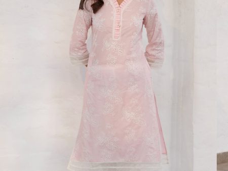 Mulmul Cotton Verlem Pink Kurta With Mulmul Cotton Savri White Pant Online now