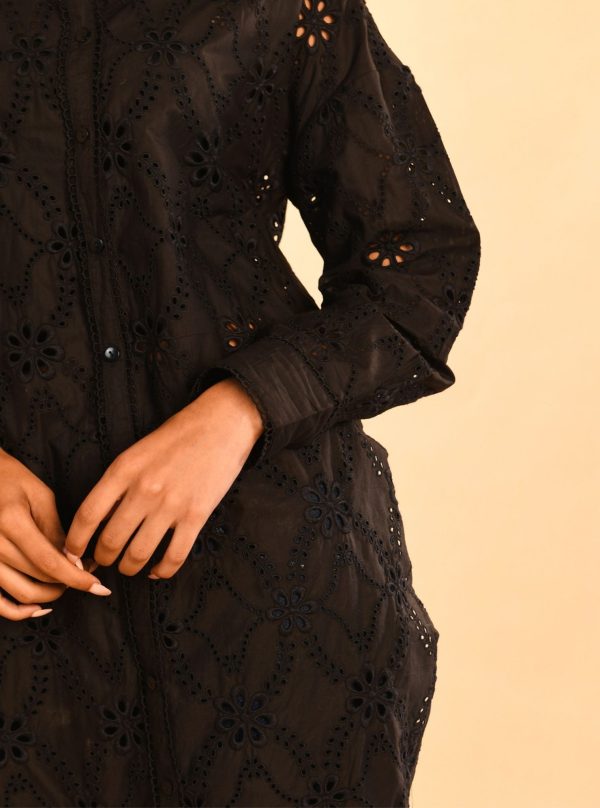 Mulmul Cotton Trix Black Long Shirt with Mulmul Cotton Trix Black Pant on Sale