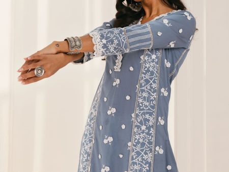 Mulmul Cotton Kaza Blue Kurta Online