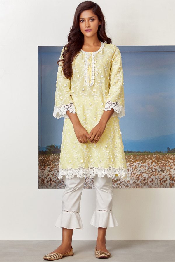 Mulmul Cotton Baybreeze Yellow Kurta Online Sale