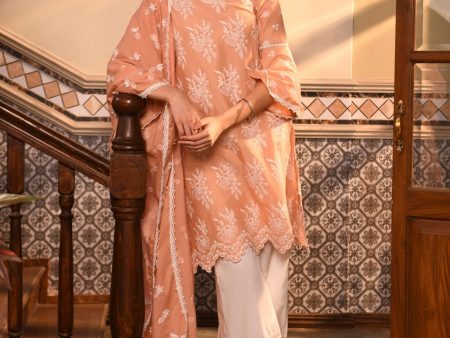 Mulmul Cotton Anisa Peach Kurta With Mulmul Cotton Floral Lace Flared White Pant Online Sale