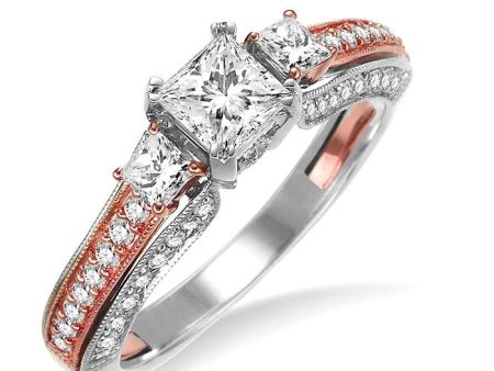 1 Ctw Diamond Engagement Ring with 1 2 Ct Princess Cut Center Stone in 14K White and Rose Gold Sale