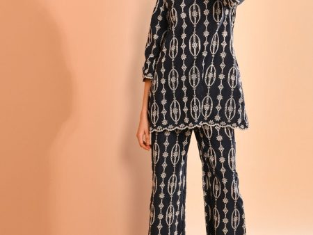 Mulmul Cotton Reeve Navy Top With Mulmul Cotton Reeve Navy Pant For Sale