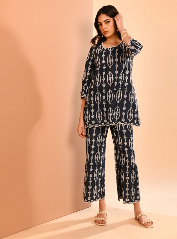 Mulmul Cotton Reeve Navy Top With Mulmul Cotton Reeve Navy Pant For Sale