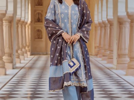 Mulmul Banarsi Gerua Blue Kurta with Mulmul Banarsi Gerua Blue Pant Discount