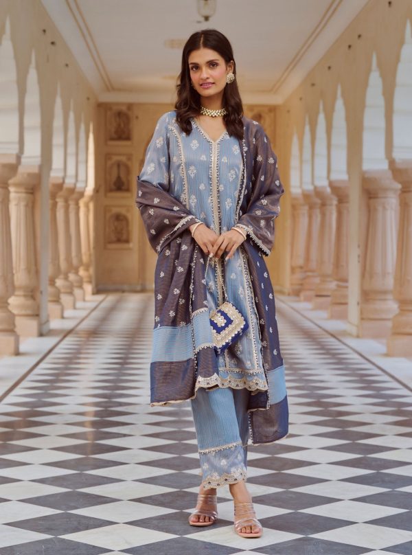 Mulmul Banarsi Gerua Blue Kurta with Mulmul Banarsi Gerua Blue Pant Discount