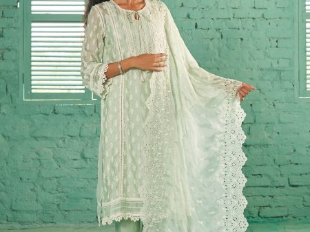 Mulmul Oganza Aarina Mint Green Kurta With Mulmul Cotton Aarina Mint Green Pant on Sale