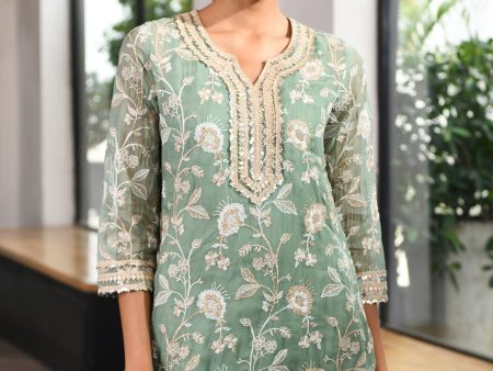 Mulmul Organza Evolet Green Kurta With Mulmul Silk Evolet Green Garara Supply