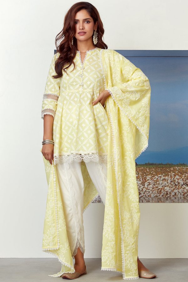 Mulmul Cotton Dew Drop Light Yellow Kurta Hot on Sale