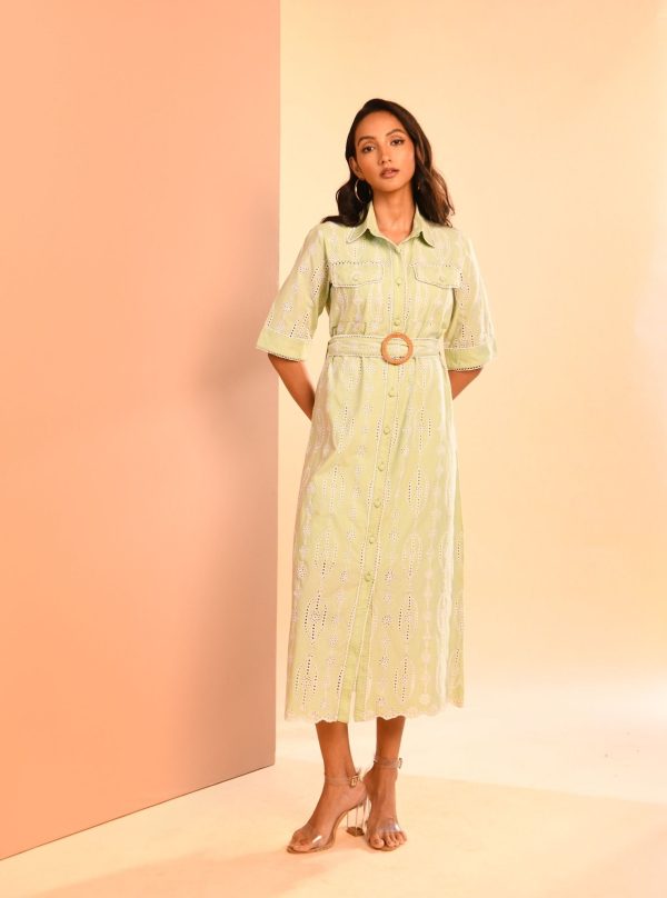 Mulmul Cotton Rosaria Green Long Dress For Cheap