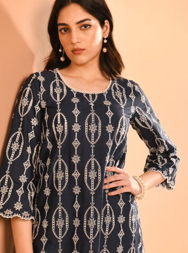 Mulmul Cotton Reeve Navy Top With Mulmul Cotton Reeve Navy Pant For Sale